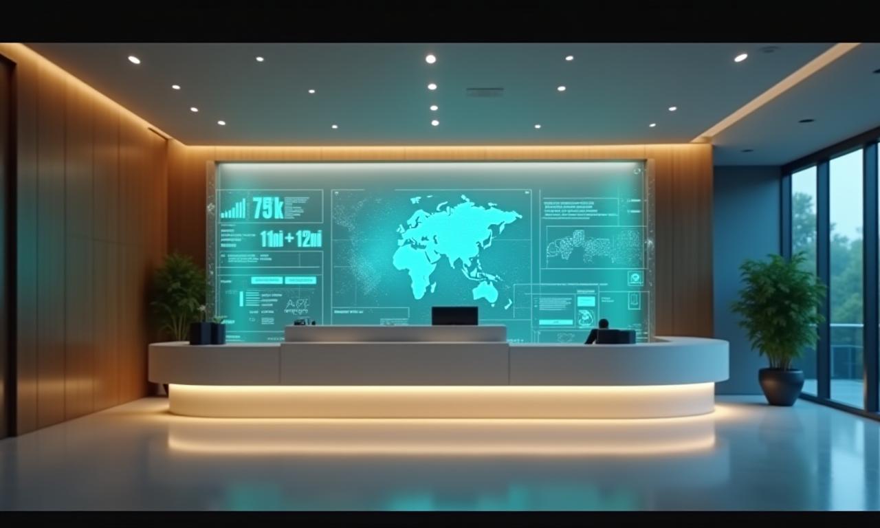 Moderne Hotelrezeption mit Software-Dashboard